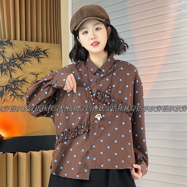 LQQ“浪漫波点”秋冬新品定制咖色波点木耳边拼接多裁片长袖衬衫