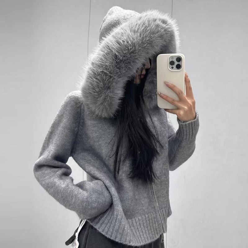 大码胖mm气质毛领长袖连帽针织开衫女秋冬温柔风减龄毛衣外套上衣