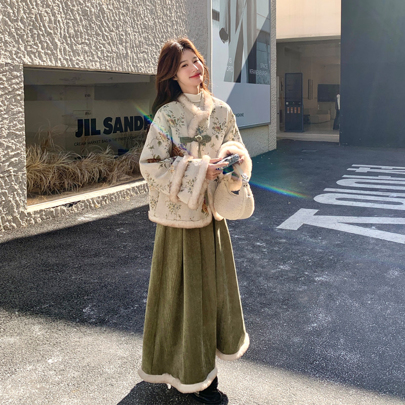 新中式国风加绒套装裙2025冬季新款复古氛围感千金风毛绒边两件套