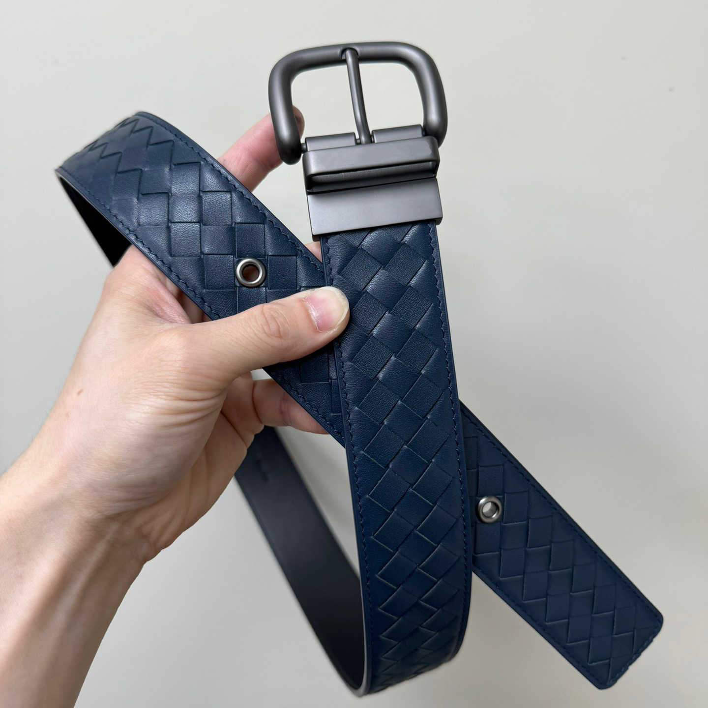 （4.0宽）旋转扣头蓝色编织净版黑色双面穿男士时尚百搭真皮皮带