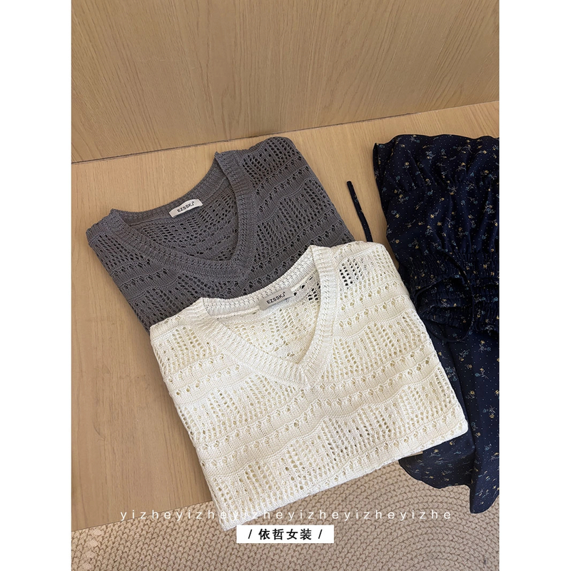 "v领镂空T恤"女短袖气质夏季小众设计感