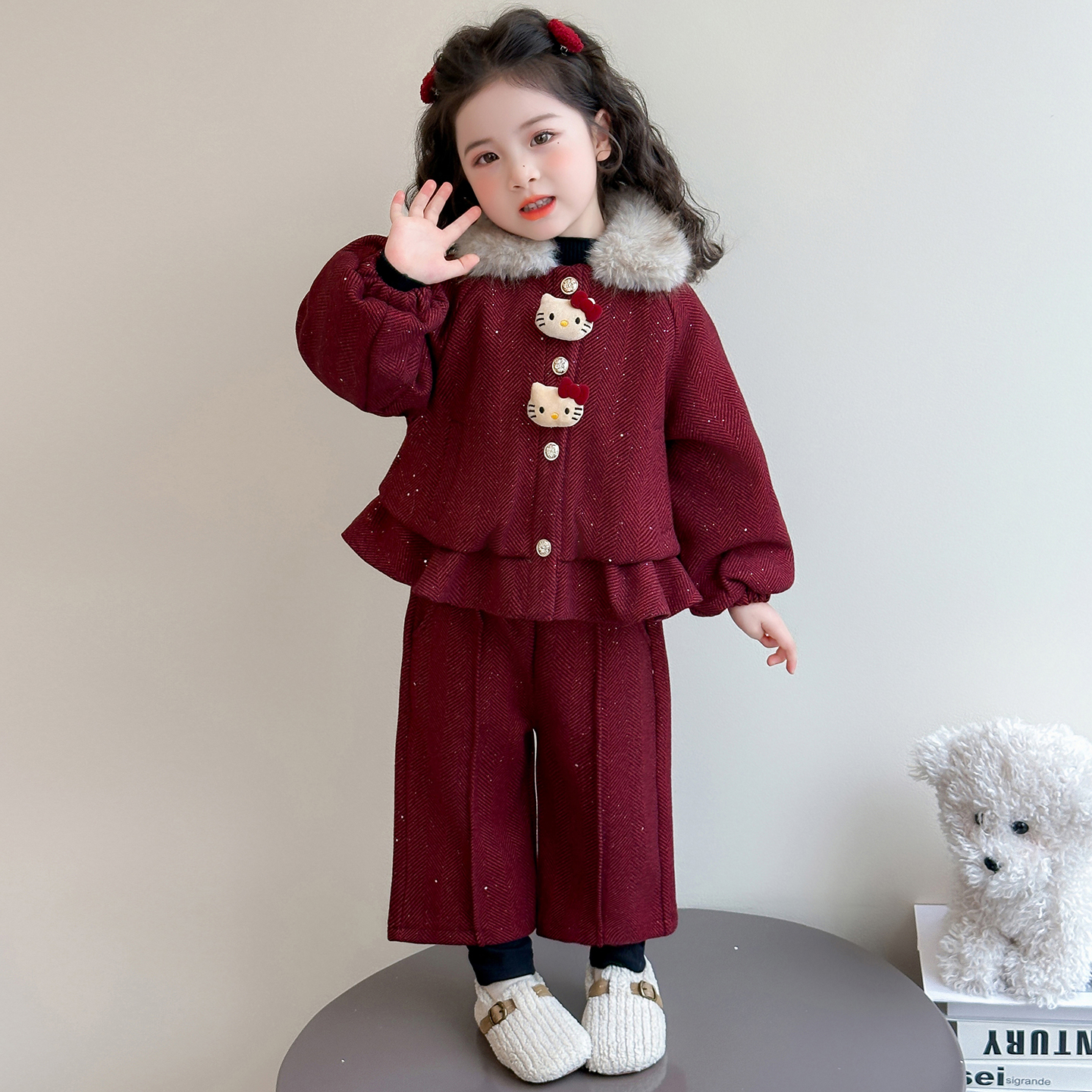 女童小香风毛领加绒套装冬季2026新款儿童加厚拜年服宝宝过年衣服