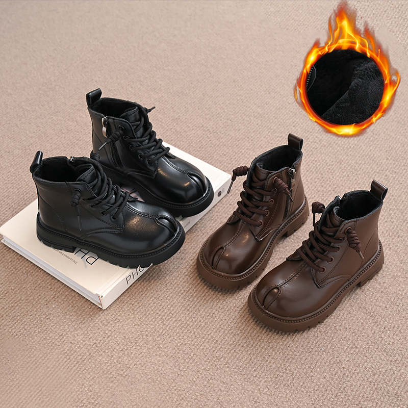 女童2025秋冬新款小女孩洋气英伦风中小童皮靴加绒二棉小女孩短靴