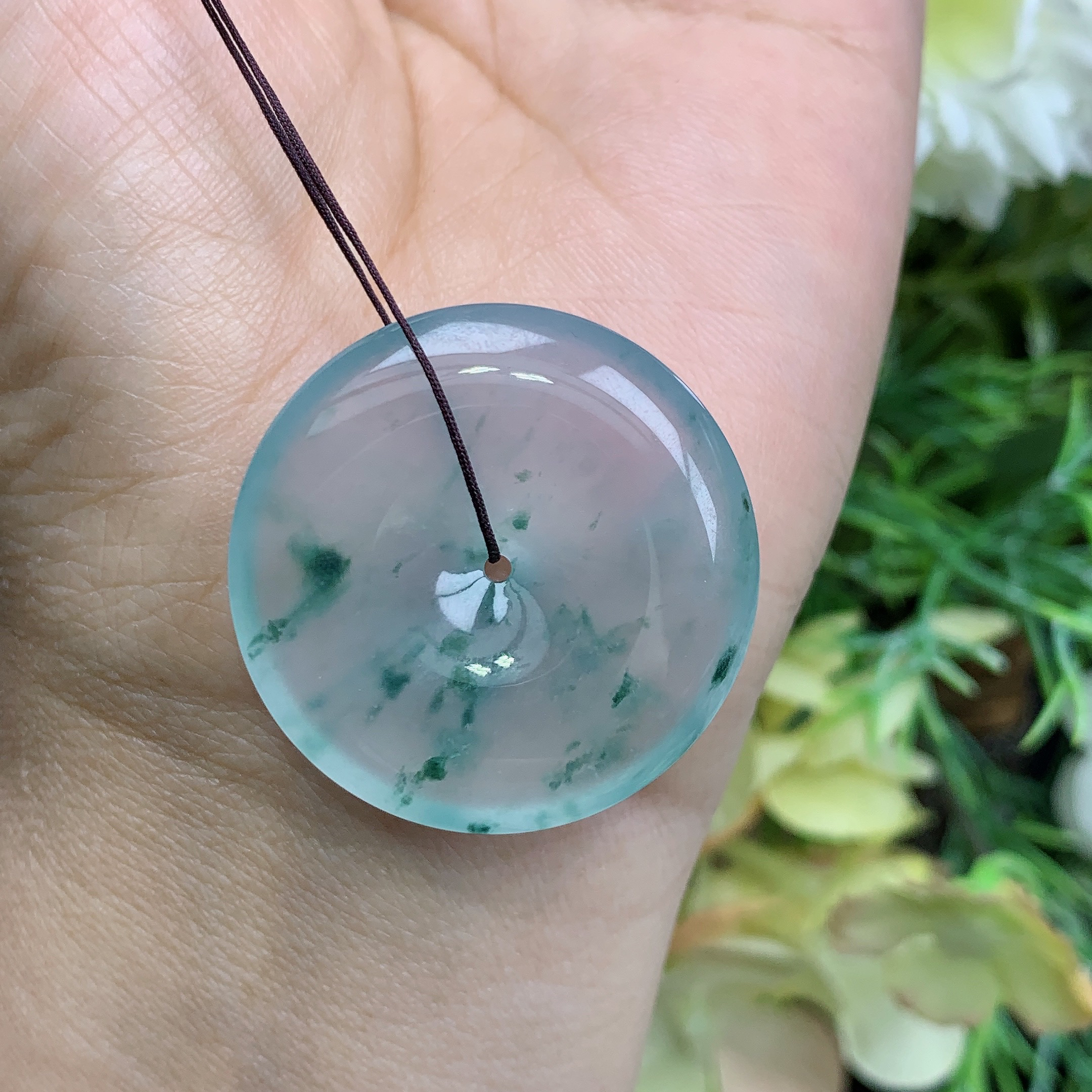 缅甸天然翡翠a货玉石高冰玻起钢飘花平安扣吊坠尺寸32.4/6.2mm美