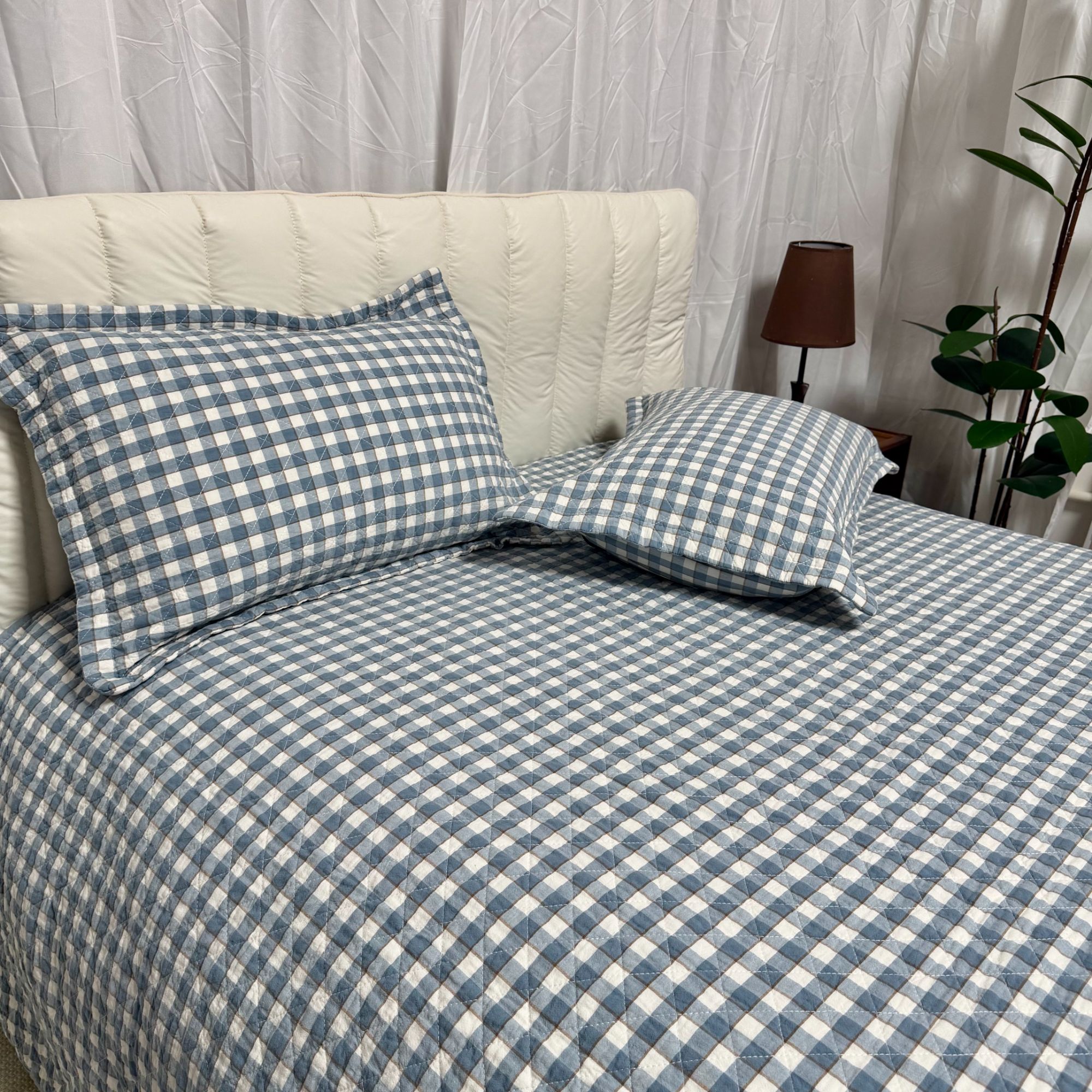 单面色织棉双面全棉印花加厚夹棉AB面床盖柔软亲肤棉麻手感格子