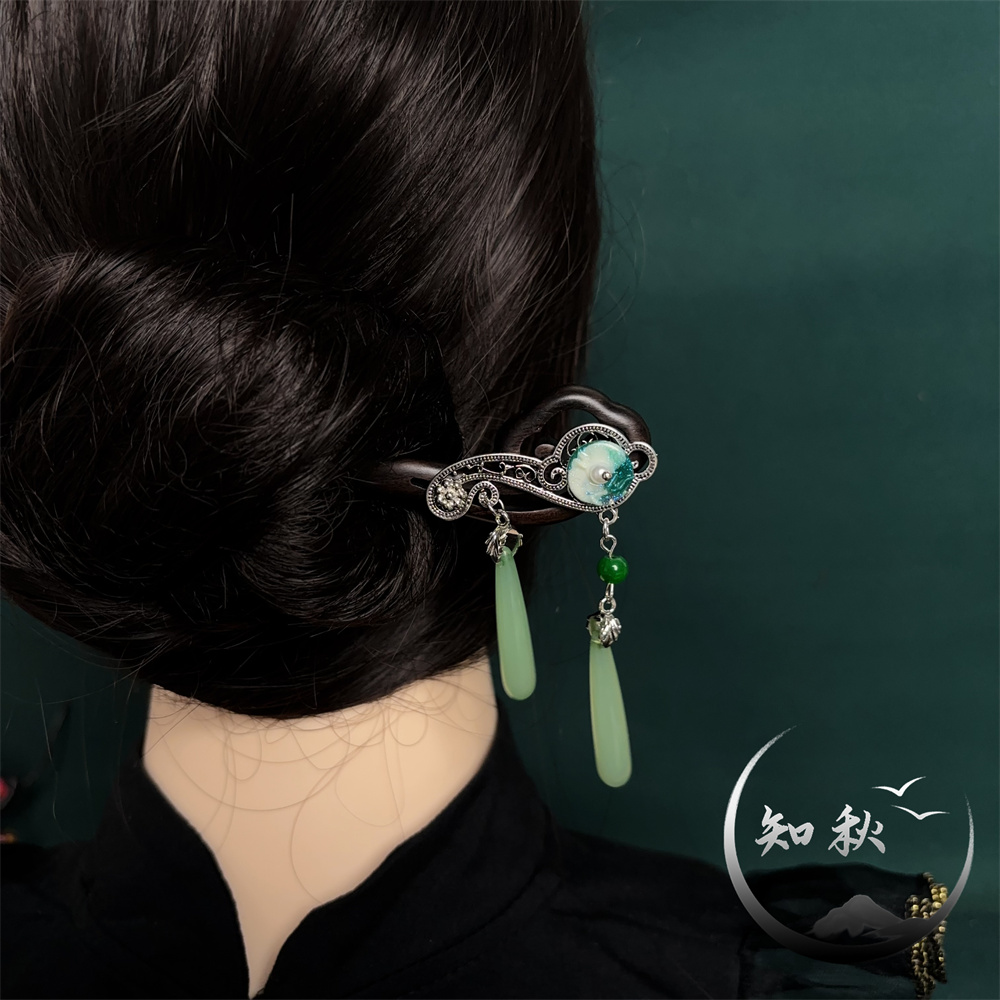 a538【青瓷】18公分黑檀木古风发簪女汉服如意发钗气质新中式簪子