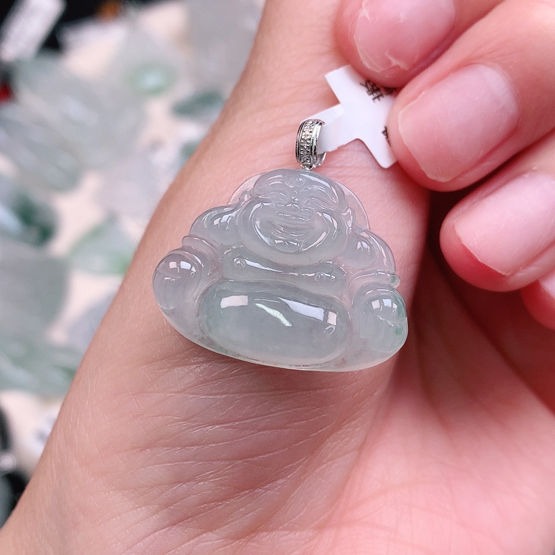 翡翠颈饰18K金镶嵌飘花佛20、26、6