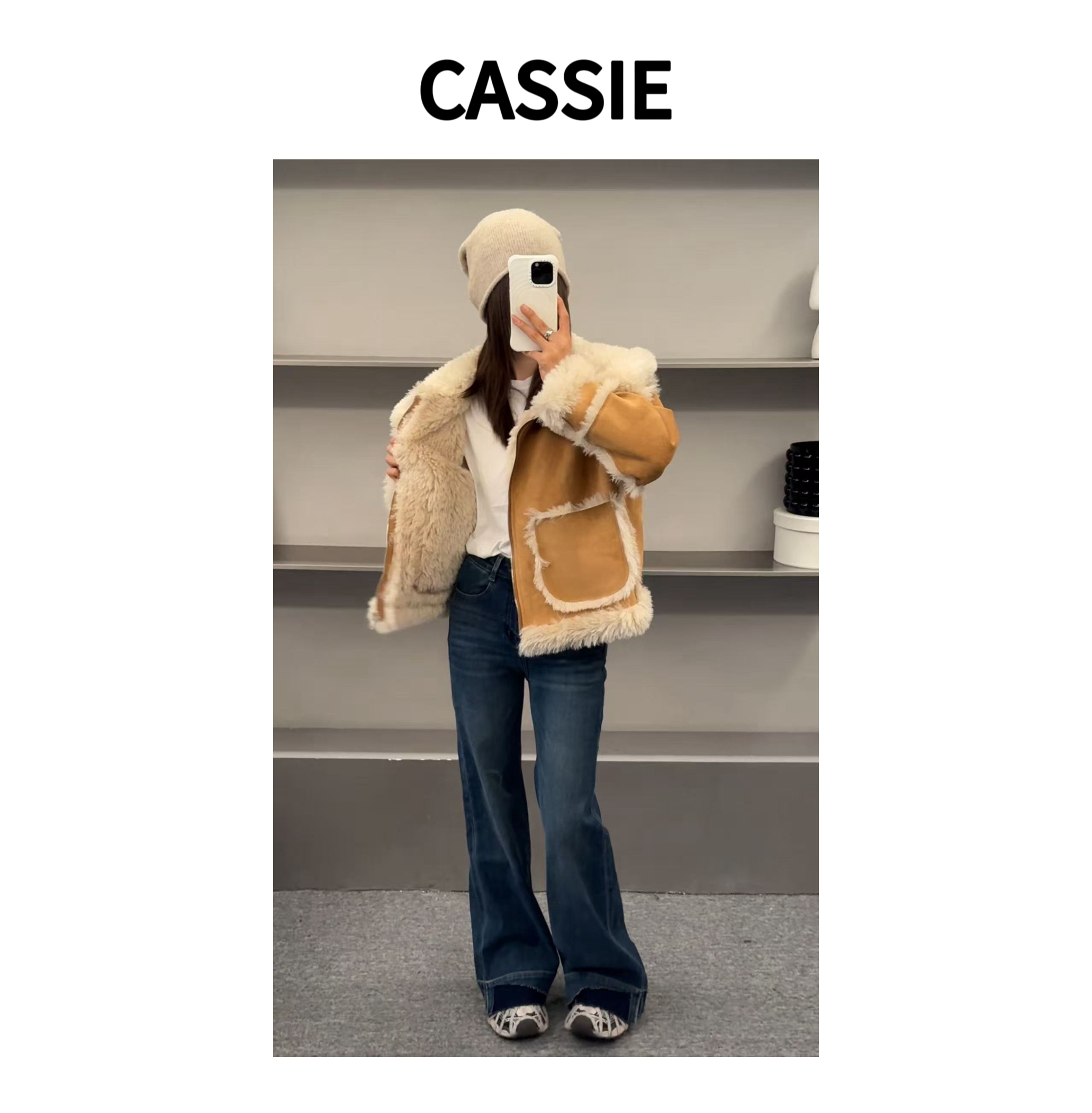 CASSIE日暮往事 翻领皮毛一体外套女冬季麂皮绒防风保暖环保皮草