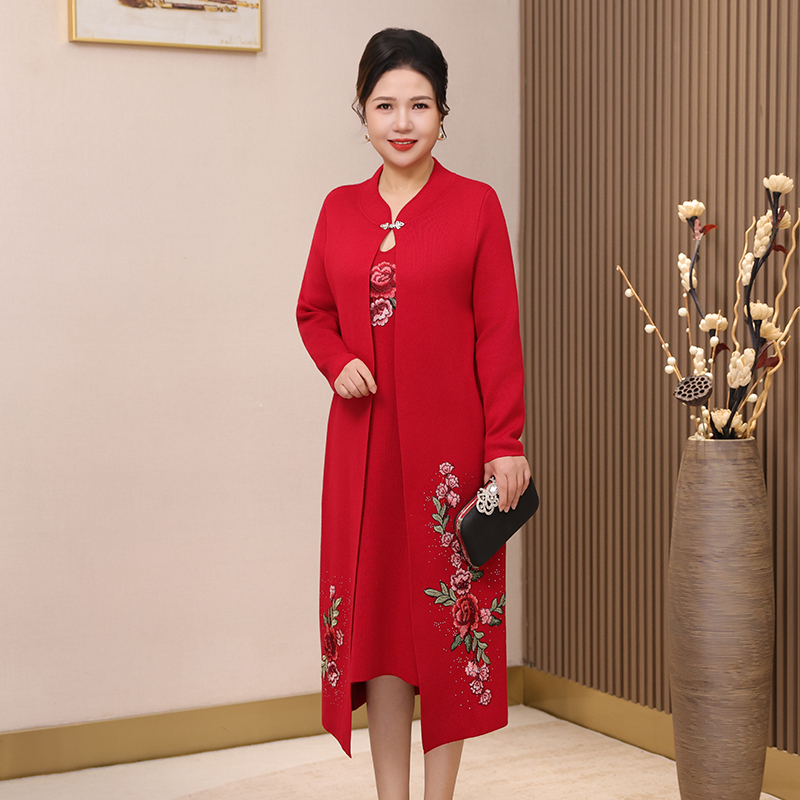 大码秋装针织连衣裙妈妈结婚礼服加肥洋气假两件中式裙子婆婆婚宴