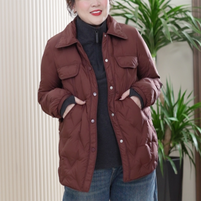 衬衫领压胶鹅绒服轻便保暖大码90白鹅绒羽绒服中长款冬季外套女潮