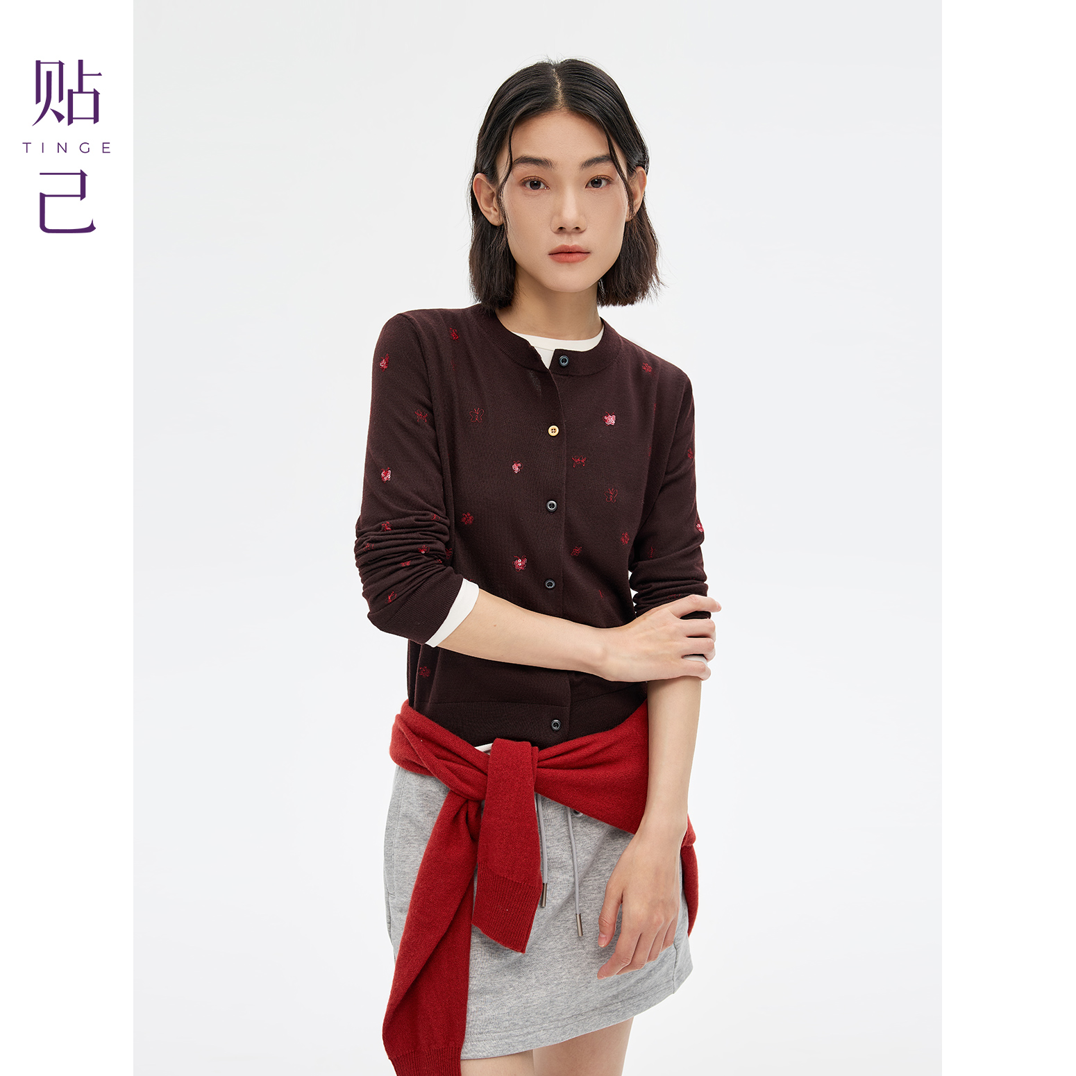 TINGE/贴己精纺100%纯羊毛刺通勤针织开衫女秋冬内搭保暖修身上衣