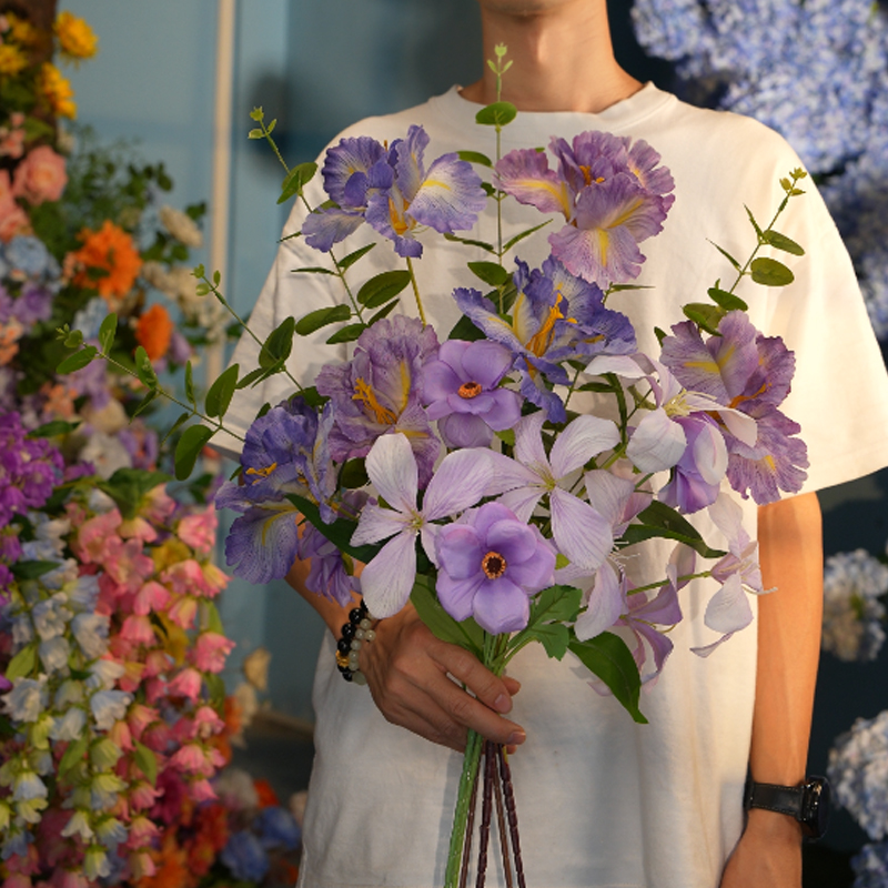 （紫因）花束火焰兰鸢尾蝴蝶仿真花蓝紫色客厅咖啡馆假花