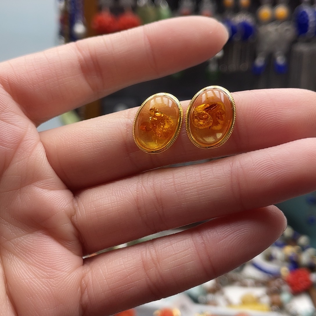 琥珀耳饰银S925镀金镶嵌饰品