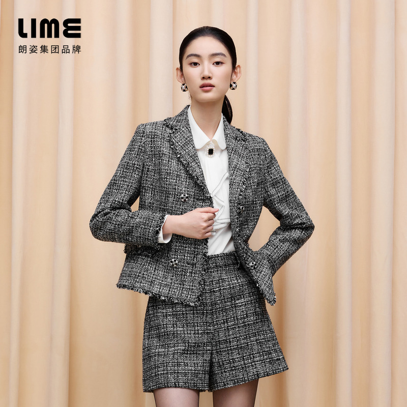 LIME/莱茵【呢喃花语】复古时尚花呢梭织西装黑色LDGD9BWJK313