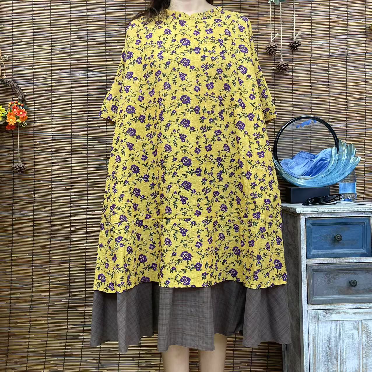 6240新款优雅显瘦黄底紫花格子拼接假两件大摆连衣裙时尚文艺