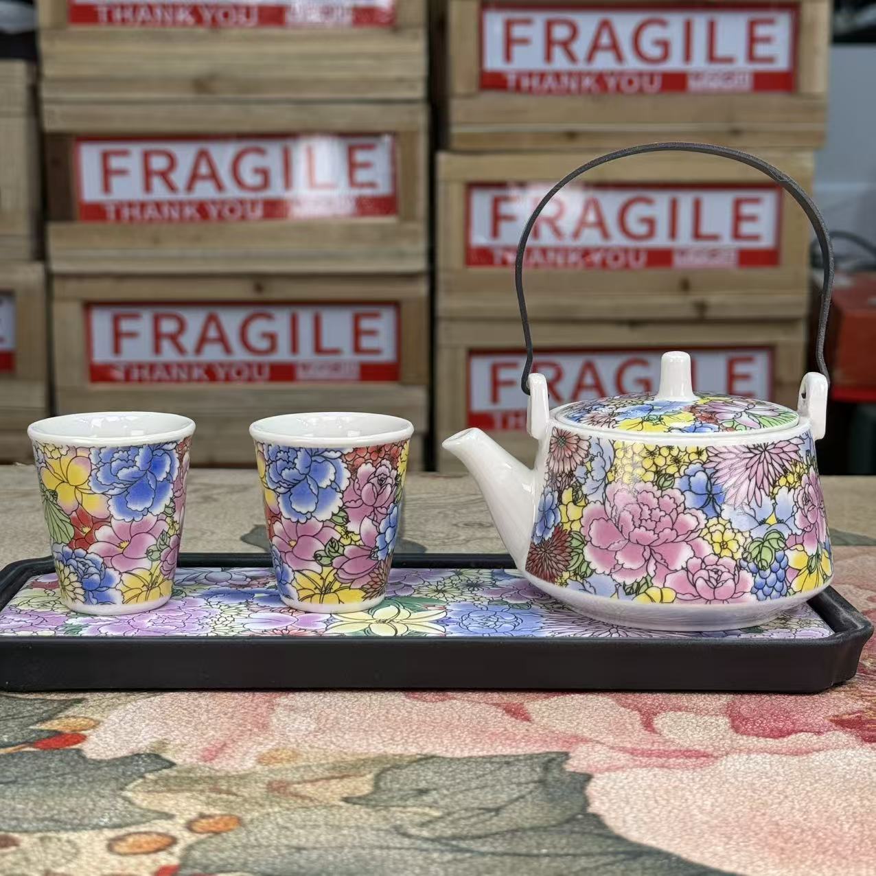 五彩万花提梁壶+2杯+五彩万花茶盘2591
