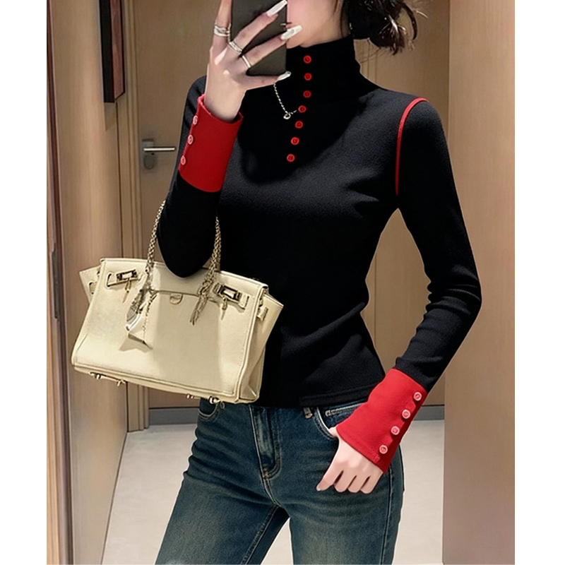 2025秋冬新款高级感半高领长袖T恤女时尚减龄撞色磨毛打底衫上衣