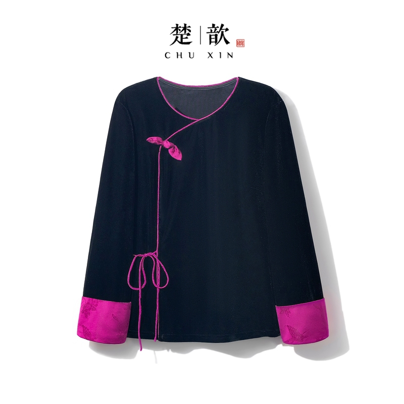 【紫梦】2025新款秋季衬衣女式新中式女宽松高级感丝绒拼色长袖衬衫