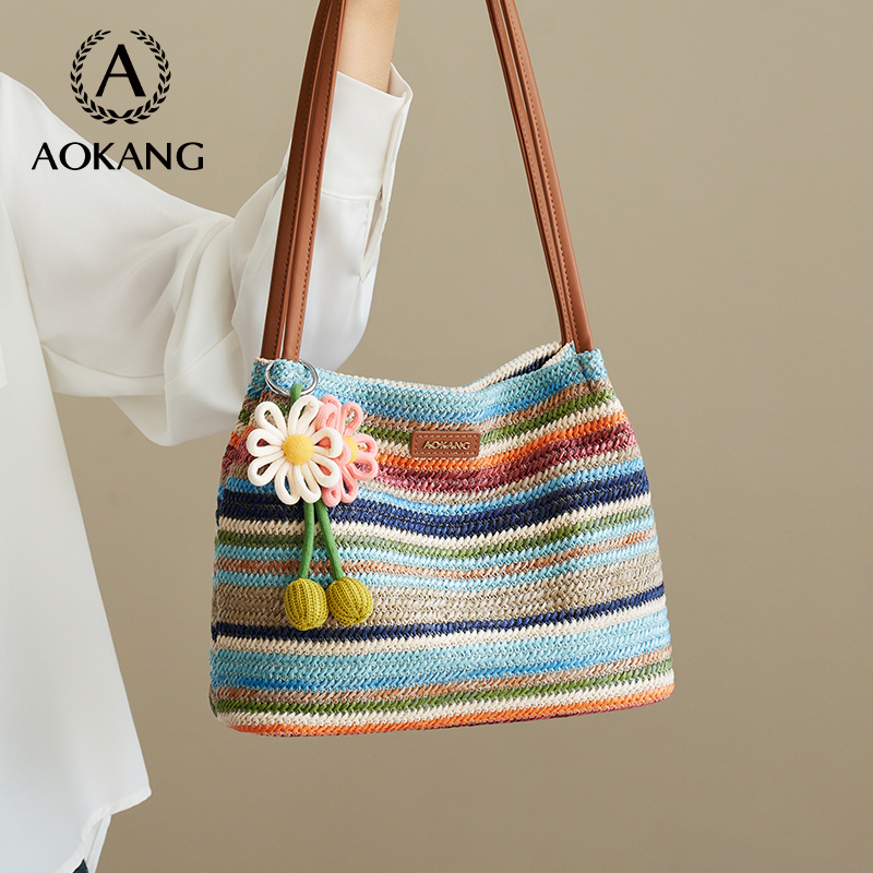 奥康托特包2025新款草编织包多巴胺彩色时尚腋下包手提夏天单肩包