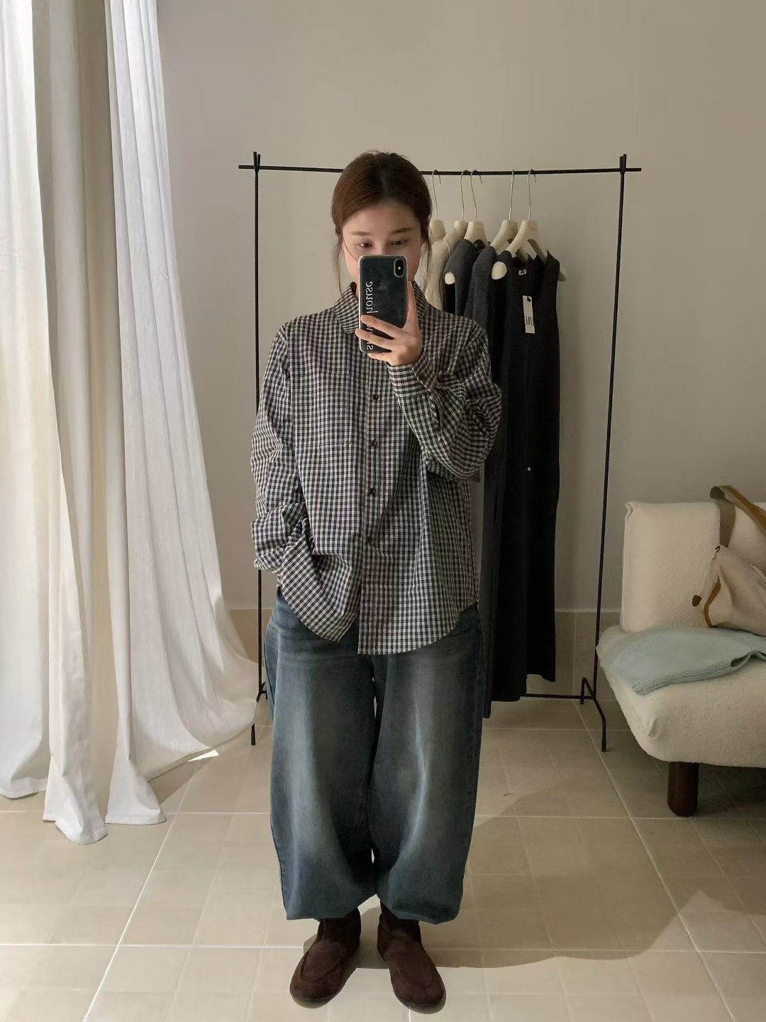 格子长袖女款慵懒风宽松衬衫上衣