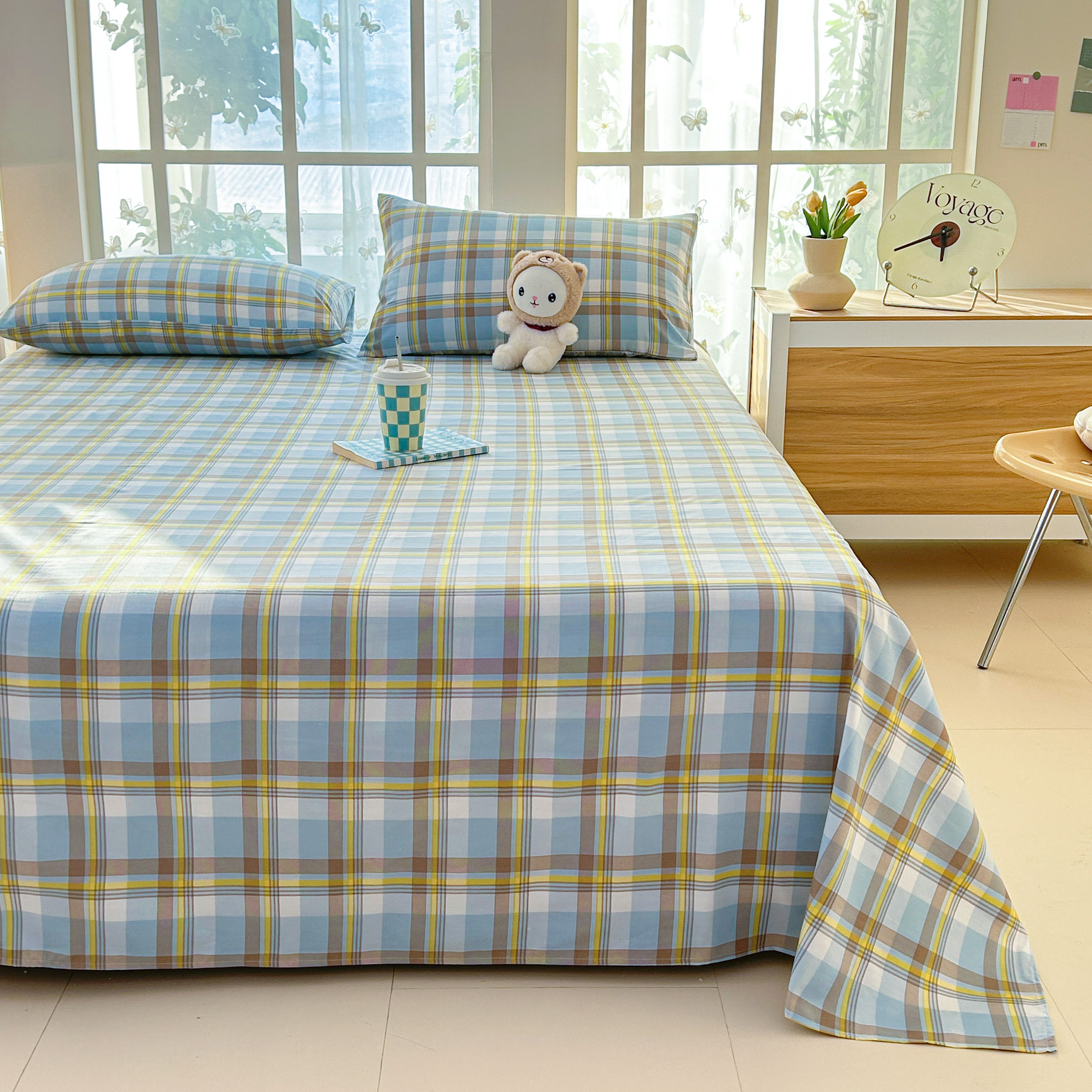 2025新款超柔亲肤裸睡水洗棉床笠A类无印风简约格子床单纯色枕套