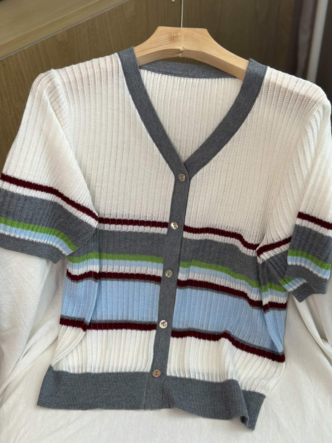 【欧琲】L-664#夏季新款V领拼色条纹宽松针织开衫短袖