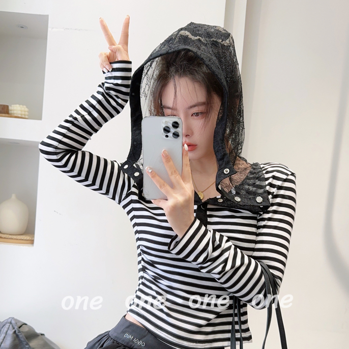 常规长袖连帽天丝条纹修身T恤秋冬紧身打底衫修身