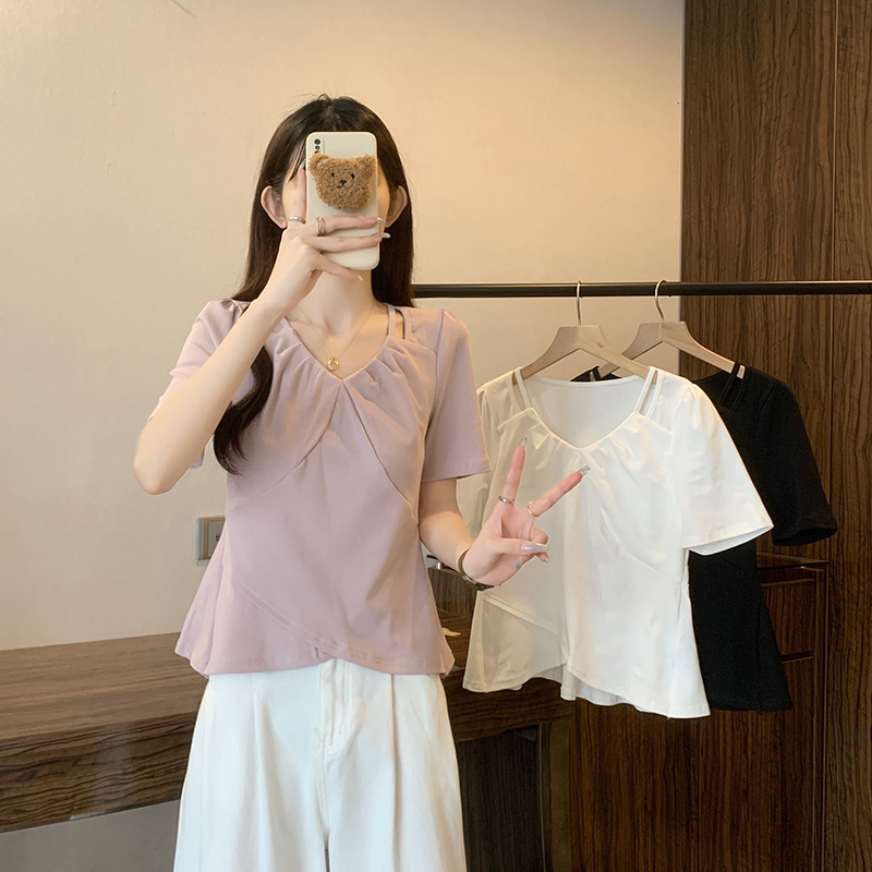 A设计感褶皱v领短袖t恤女装夏季大码胖MM显瘦上衣洋气减龄百搭