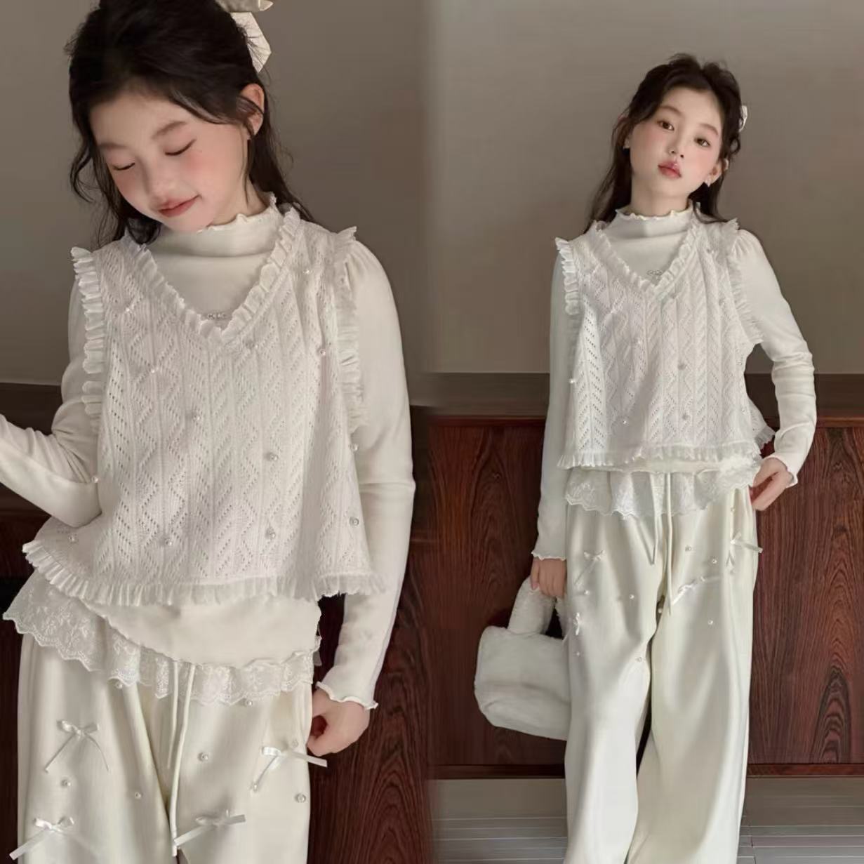 【好美哦】女童高品质磨毛蕾丝两件套装长袖Z26195