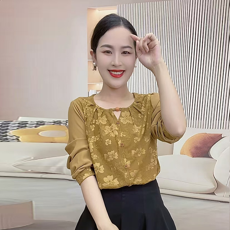 春秋季新款打底衫女洋气修身显瘦长袖上衣服中国风妈妈装提花小衫