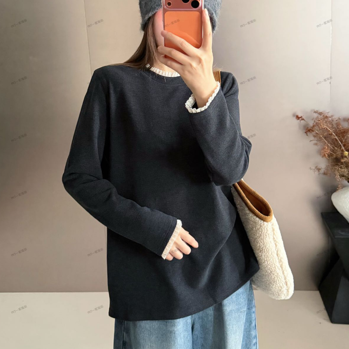 高品双面德绒厚款圆领常规款上衣加绒打底中长款秋冬卫衣休闲风