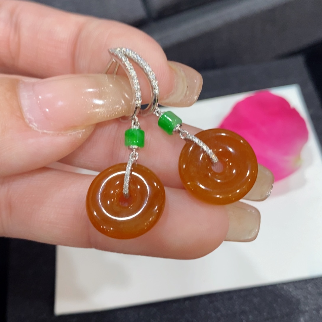 翡翠耳饰18K金镶嵌冰红翡小扣子