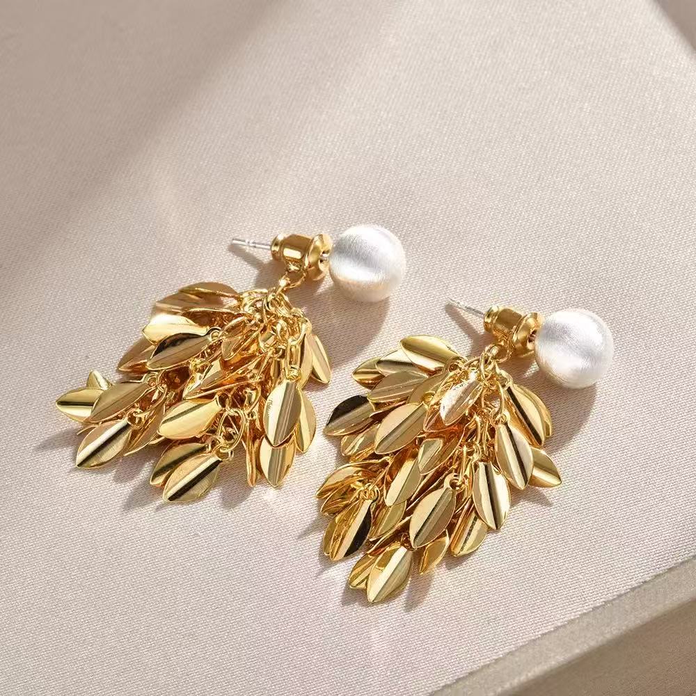 黄铜耳饰 韩式树叶流苏耳钉个性设计感耳环小众百搭气质耳饰名媛