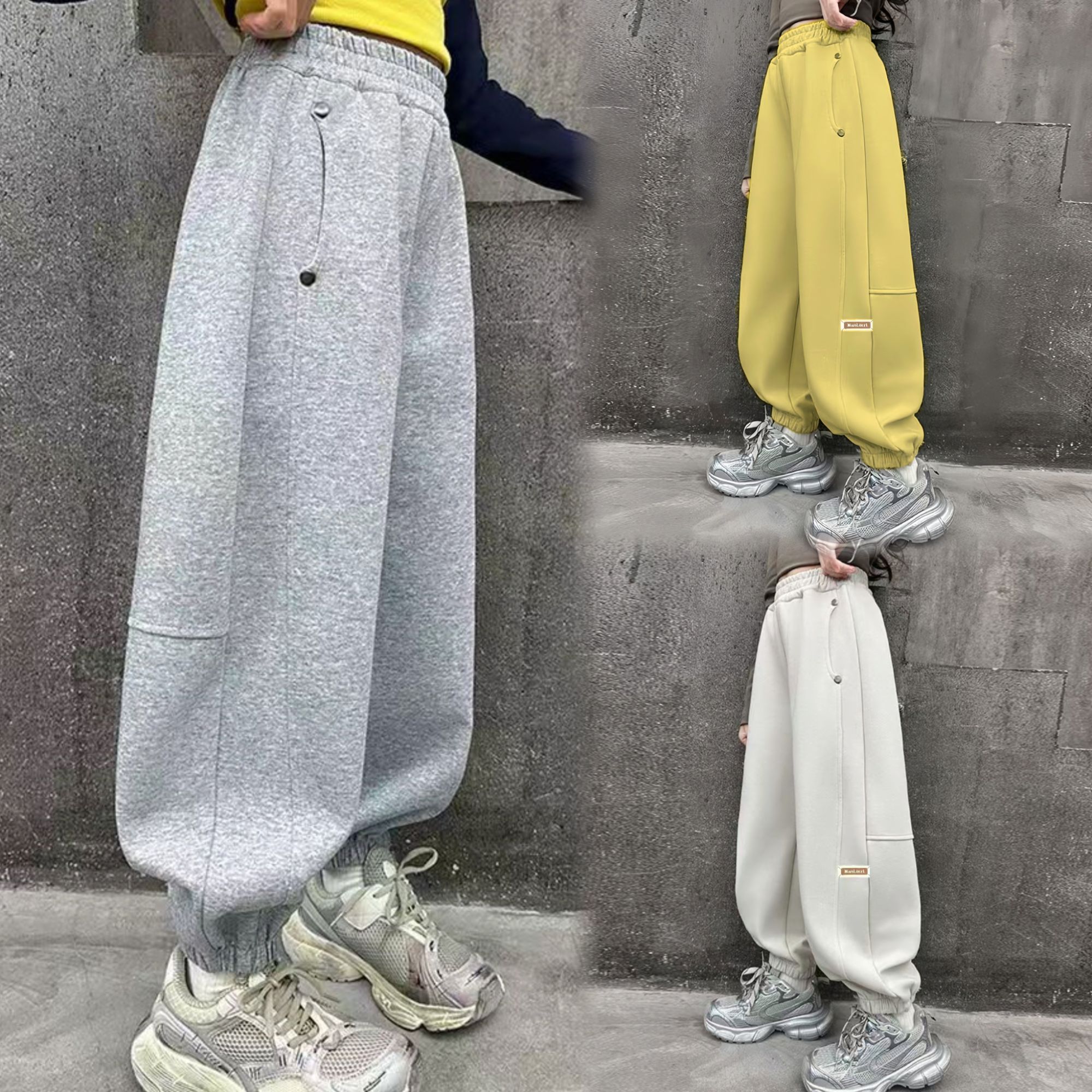 亲子款春秋长裤休闲裤黑色裤子男女童宽松百搭束脚裤潮流钉扣裤子