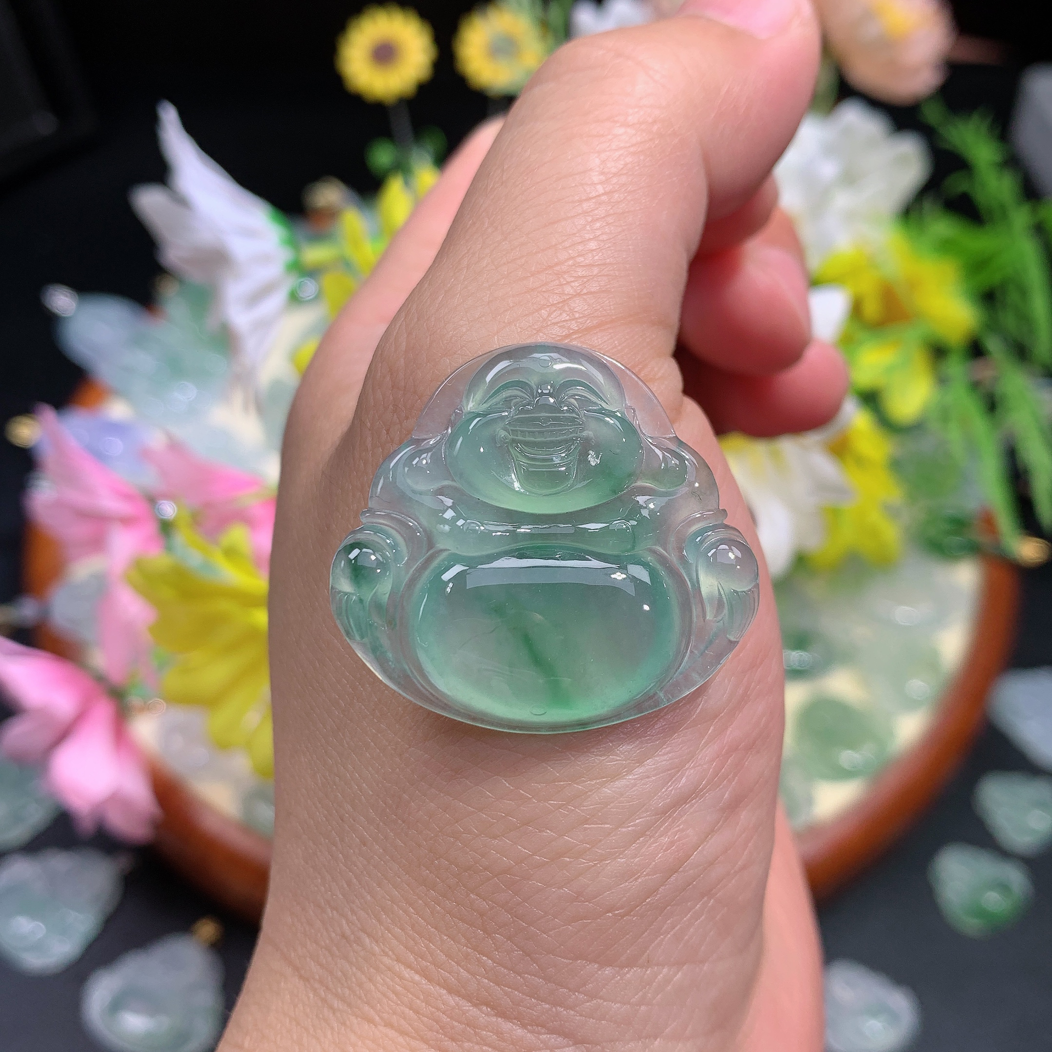 缅甸天然翡翠A货正冰晴底飘花佛公精细腻水润通妈妈精美玉石百搭