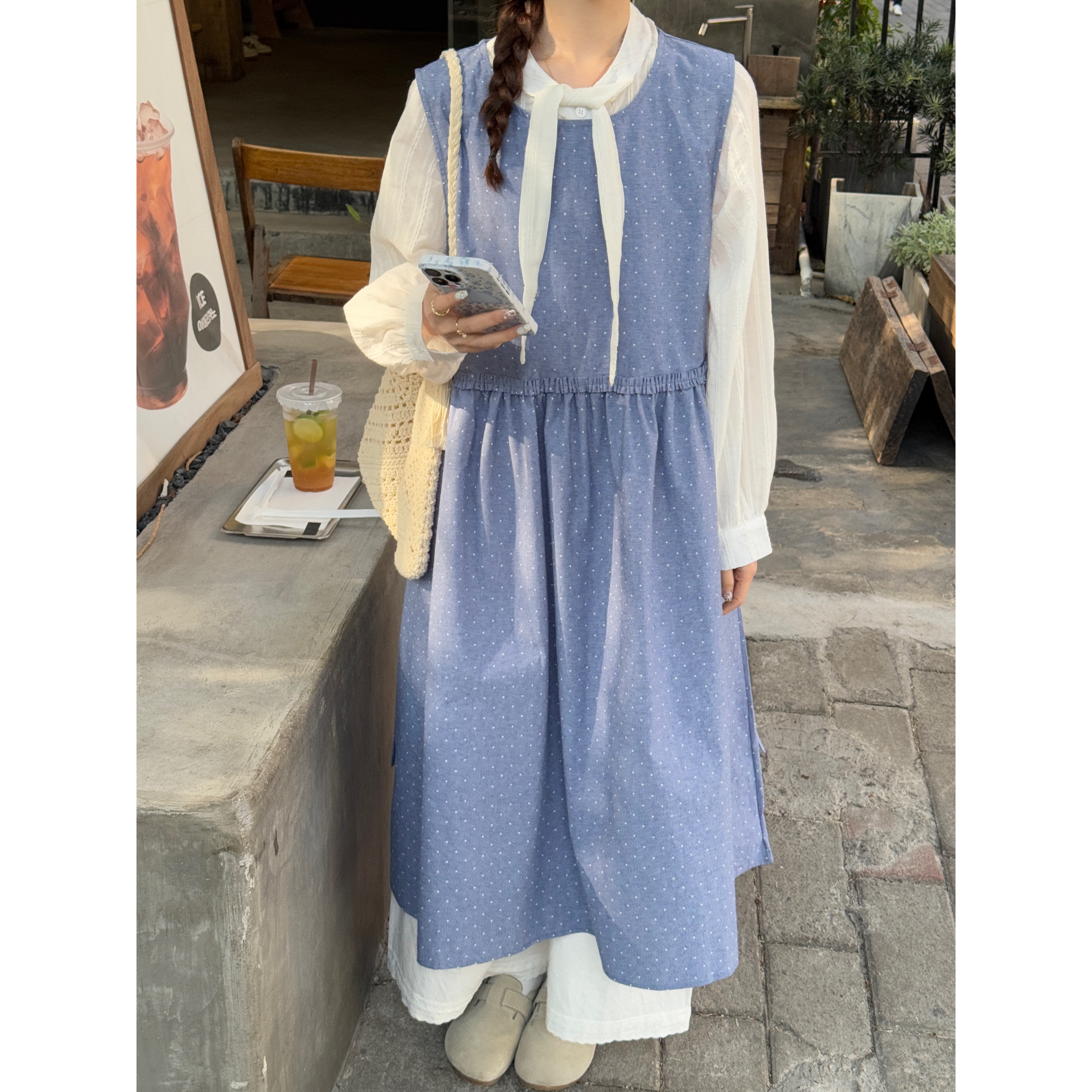 小冰涡 日系慵懒波点牛仔背心裙