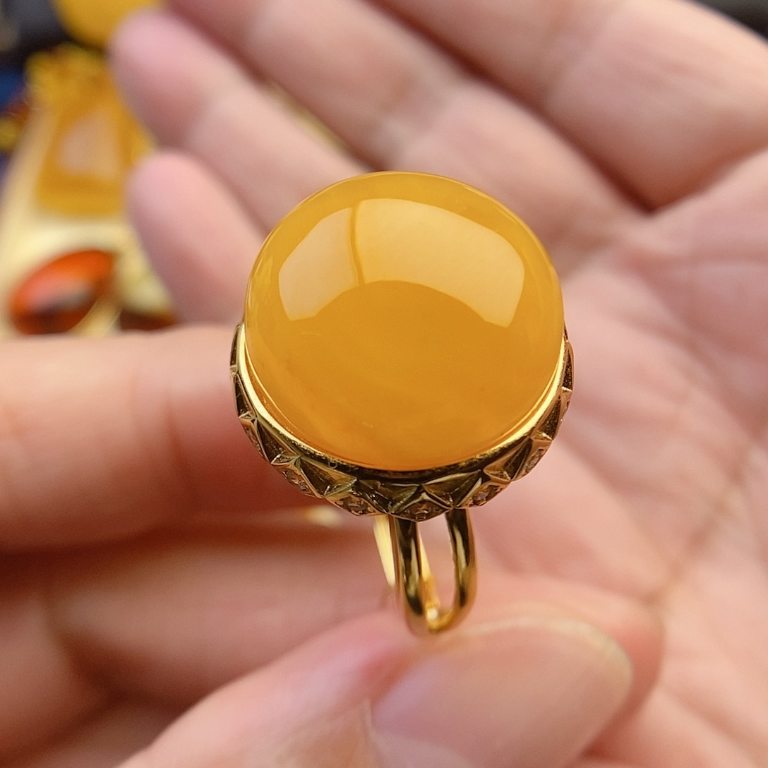 琥珀银S925镀金镶嵌戒指