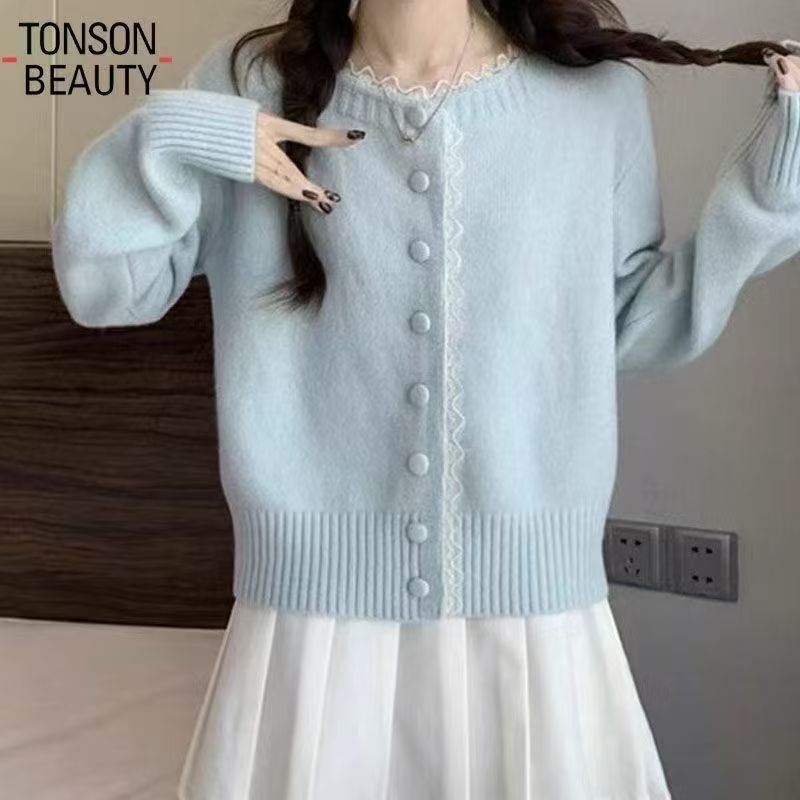 【绵羊绒】甜美温柔蕾丝花边奶蓝色毛衣外套女秋冬新款针织开衫上衣