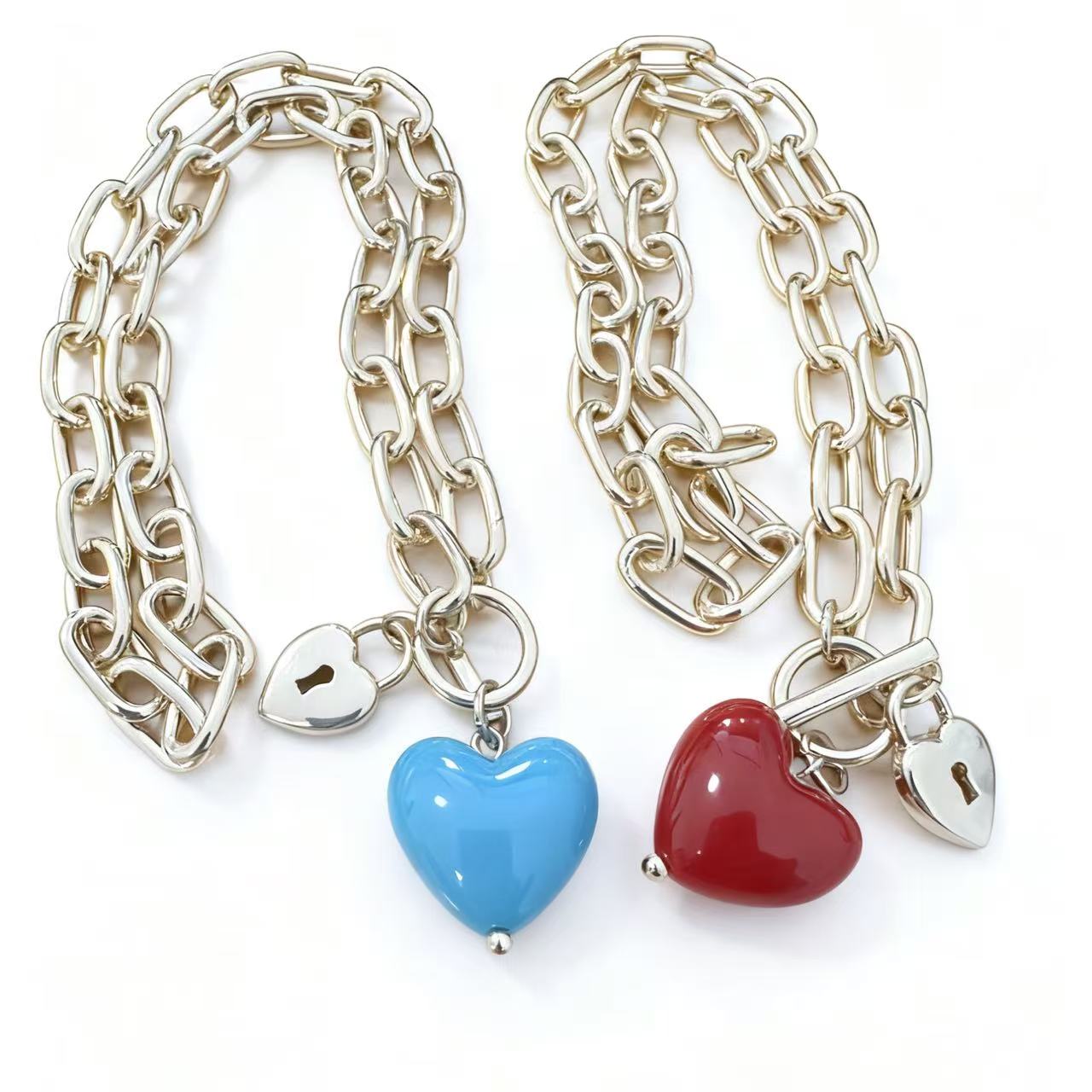 铜合金项链 【出口泡菜款】彩色桃心金色甜酷项链ins