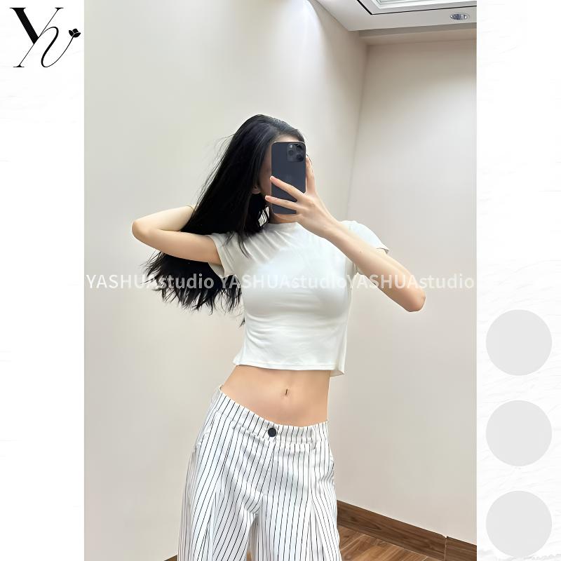 YSstudio短款别致上衣百搭修身显瘦正肩短袖T恤女有弹力短款小众