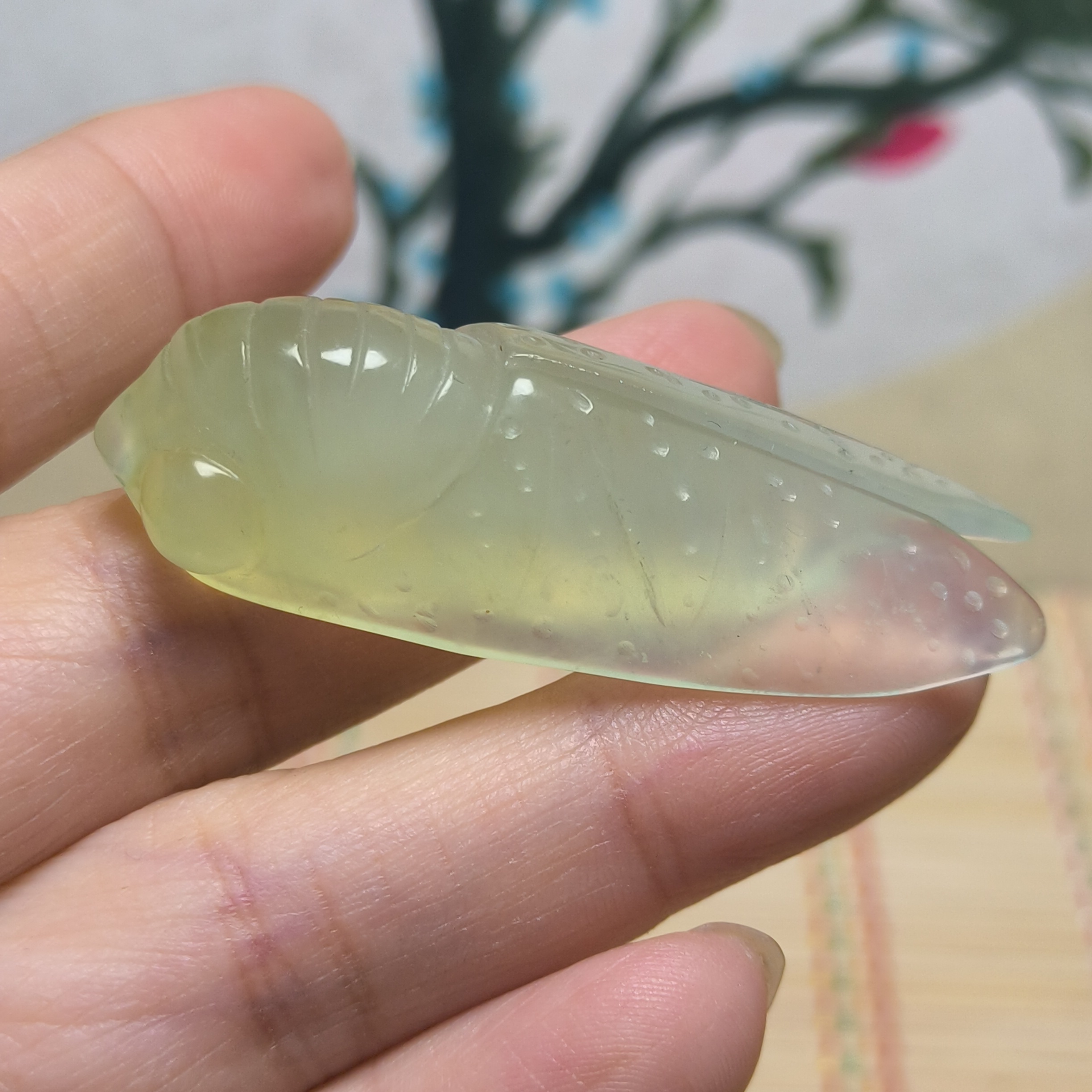 天然岫玉精品高冰手工雕刻玉蝉一鸣惊人吊坠挂件