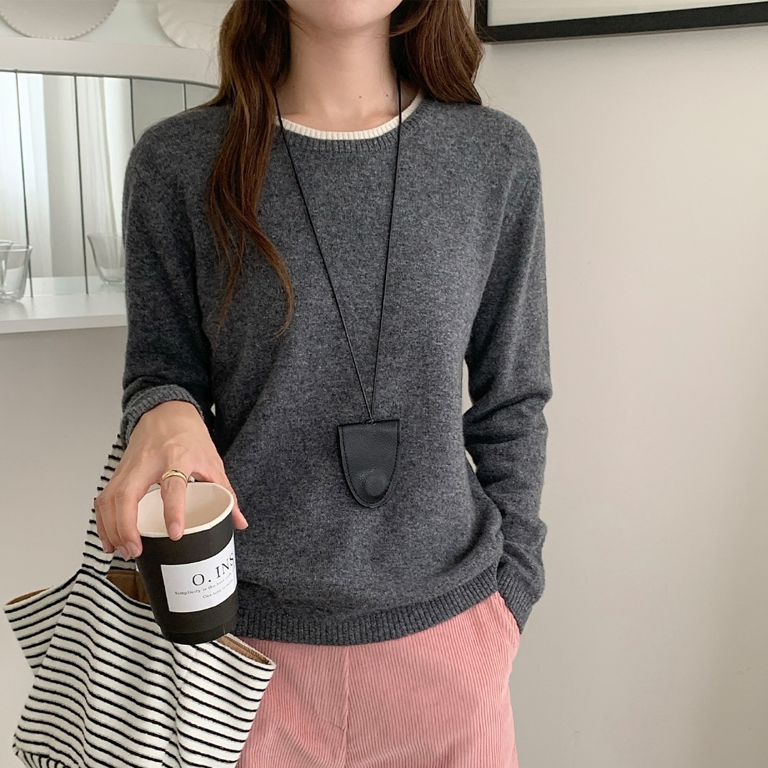 秋冬新款女士羊毛衫拼色圆领长袖针织长袖打底毛衣