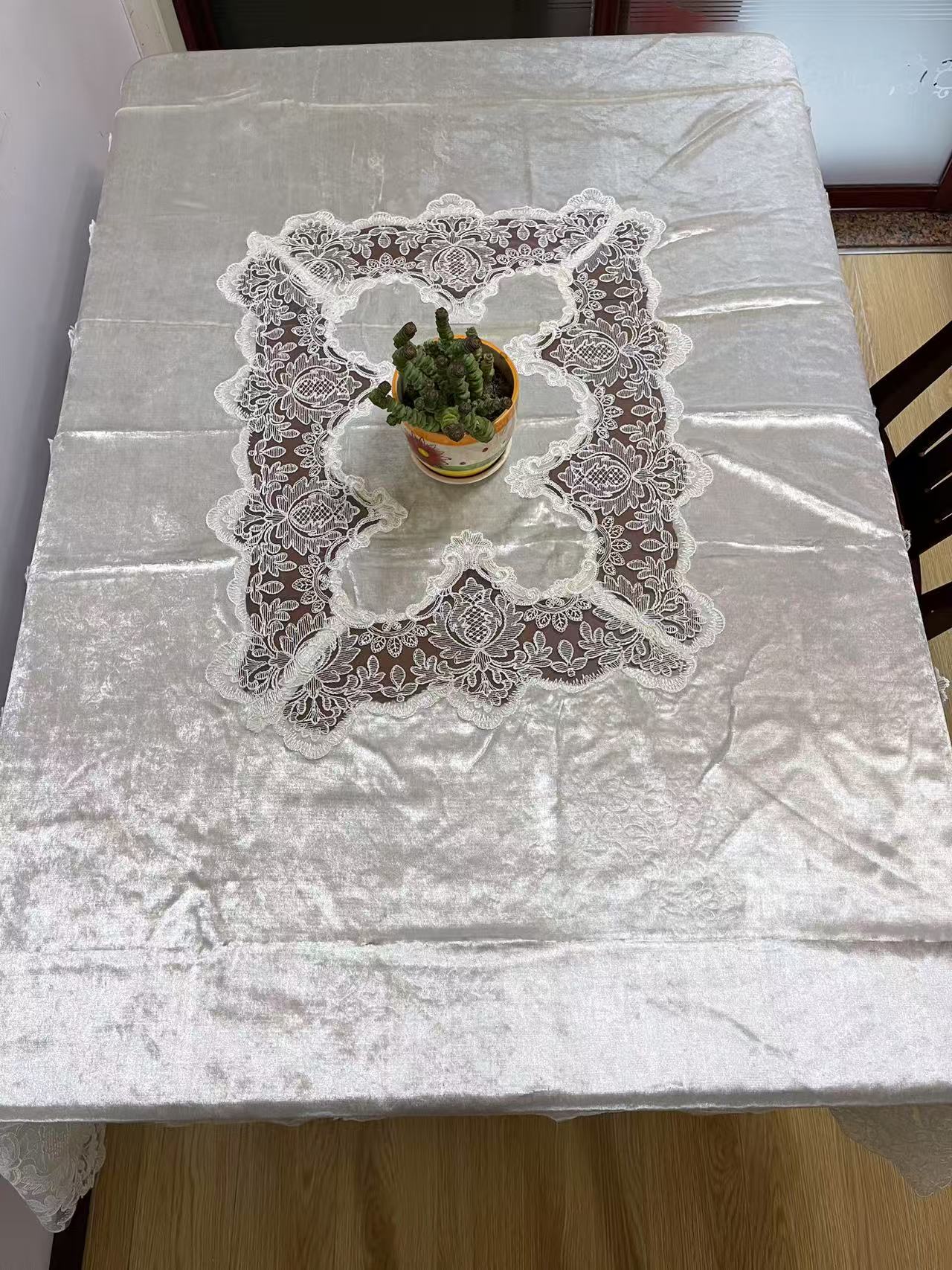 天鹅绿珍珠白金丝绒立体花边130x180cm餐桌布茶几布长方形桌布