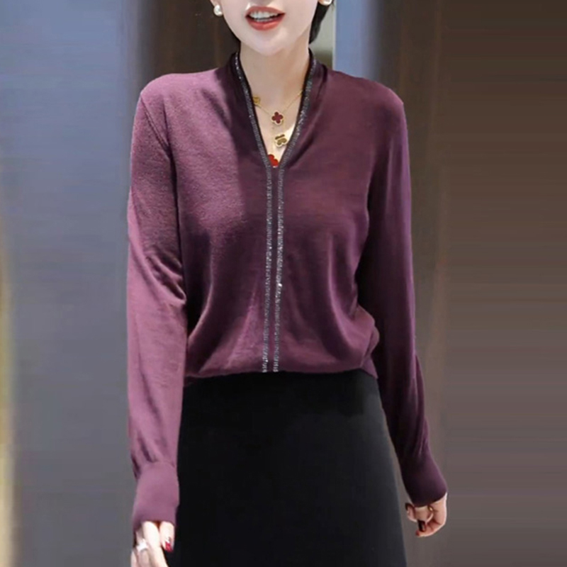 复古时髦V领安可拉紫打底衫女2025早秋新款修身洋气高级感针织衫