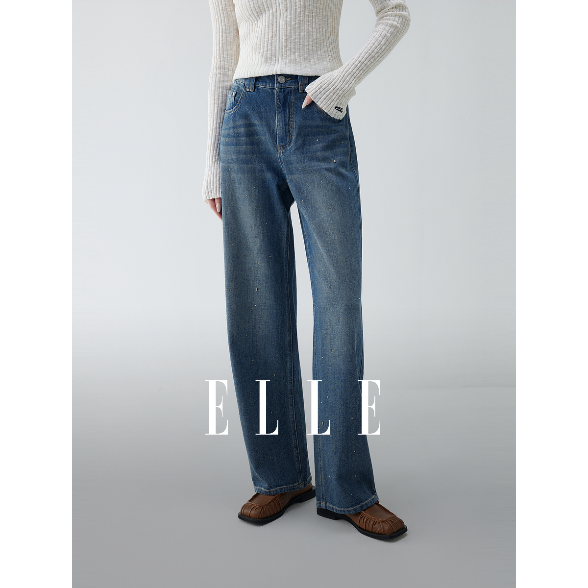 ELLE女装钉钻牛仔裤2025秋季新款高腰显瘦休闲直筒裤子EQ52181