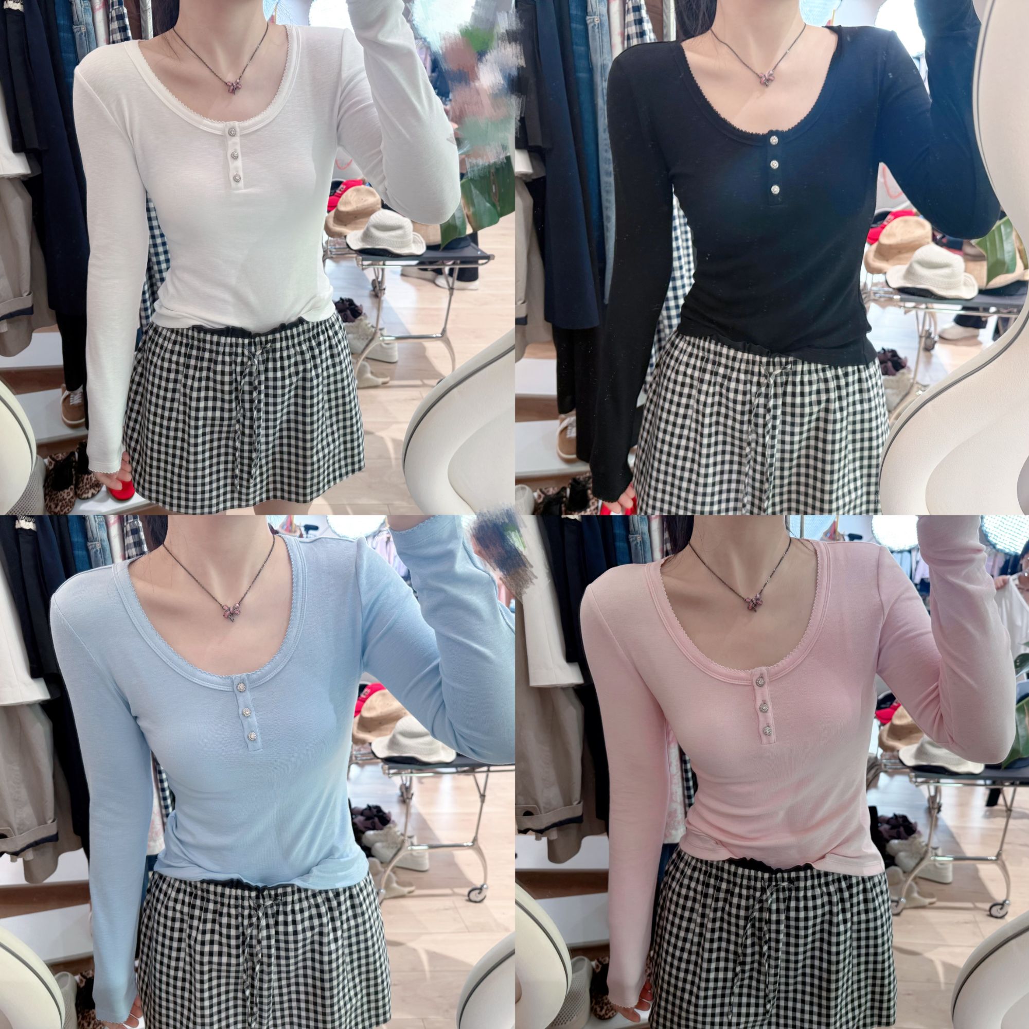 ARMS WELL王囡囡 黑/白/蓝/粉色莫代尔U领三粒扣狗牙边长T恤 L150