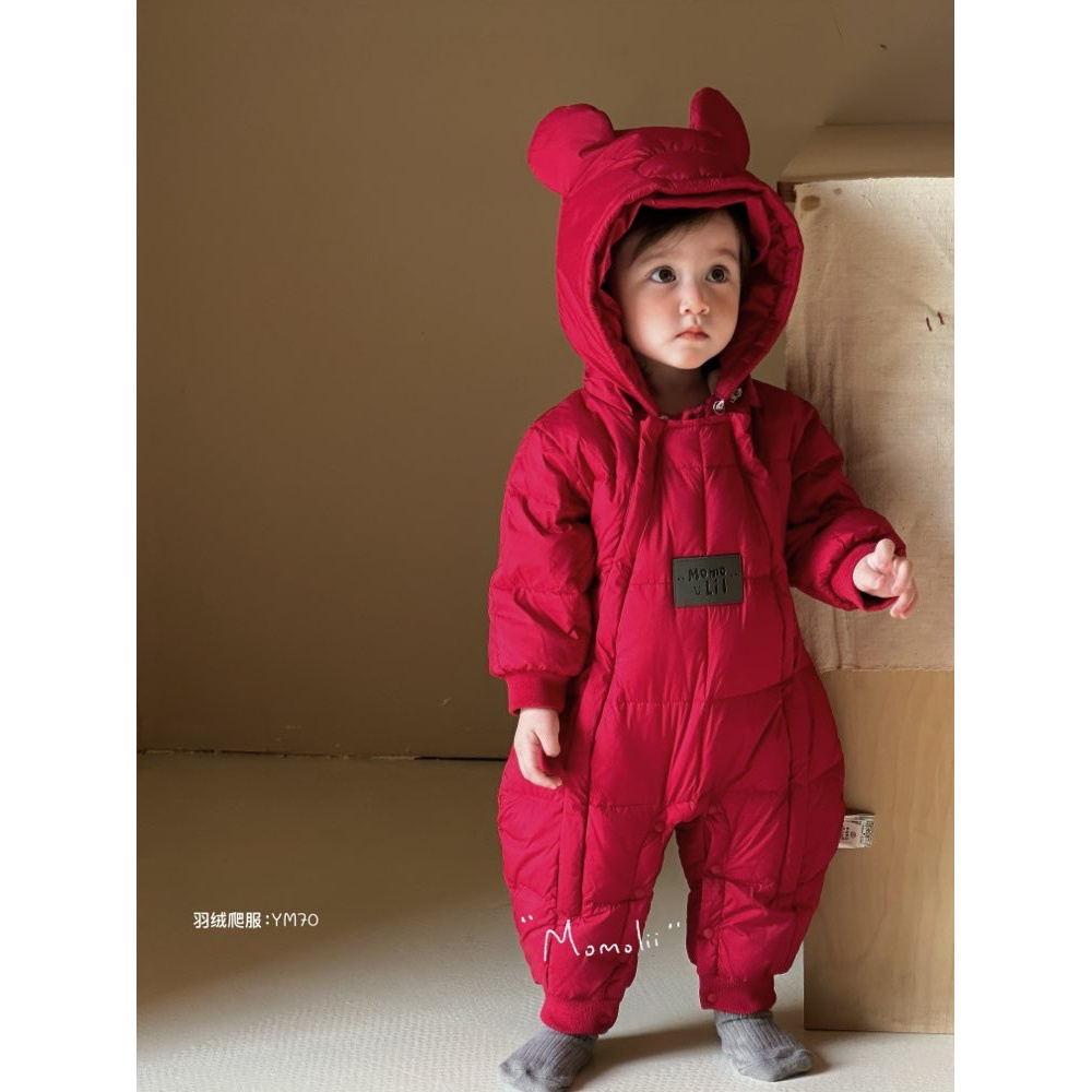 婴幼儿羽绒连体衣加厚简单熊纯色白鸭绒保暖双拉链羽绒服570