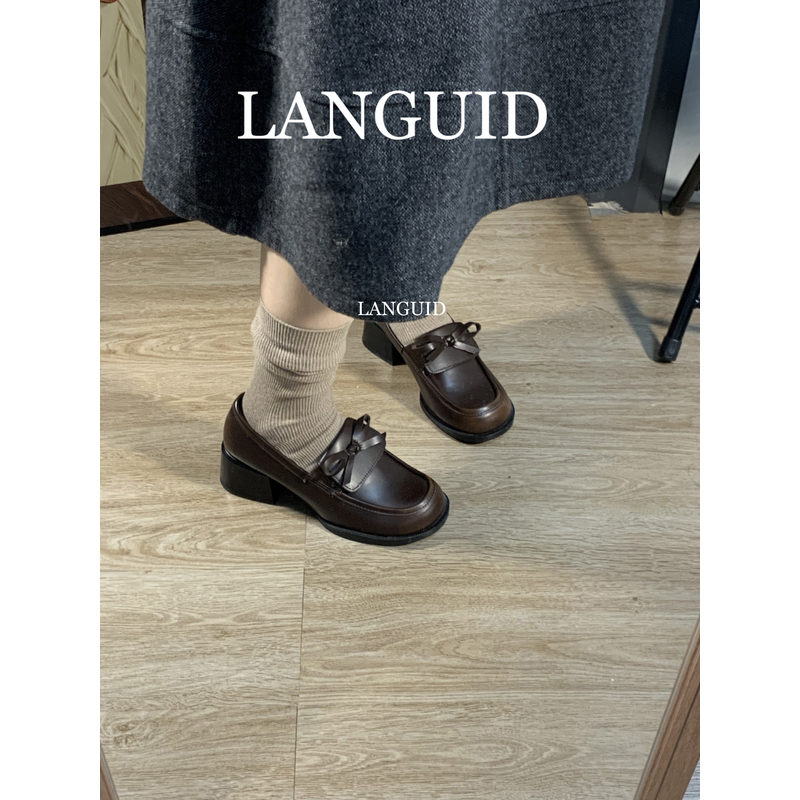 LANGUID2026早春新款复古棕色蝴蝶结乐福鞋女加绒百搭通勤鞋