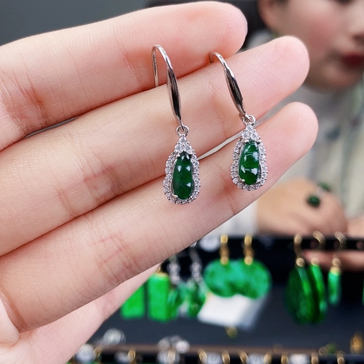 翡翠耳饰银S925镶嵌饰品