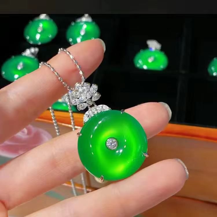 铜合金石英质玉吊坠 602满绿豪华镶嵌平安扣吊坠